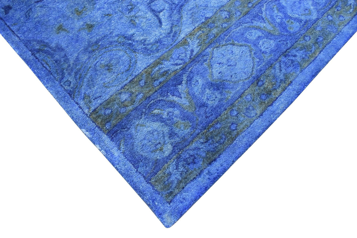 Hand Tufted Traditional Design Blue Overdyed Wool Area Rug.