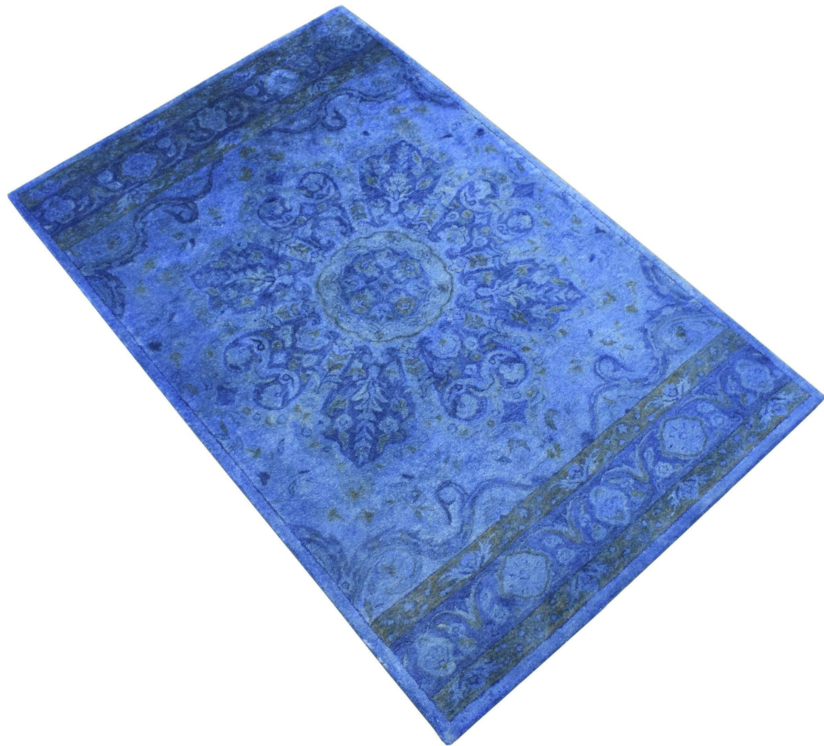 Hand Tufted Traditional Design Blue Overdyed Wool Area Rug.