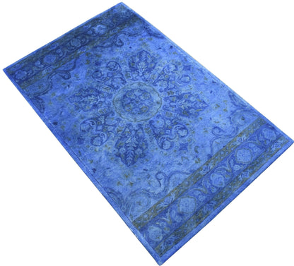 Hand Tufted Traditional Design Blue Overdyed Wool Area Rug.