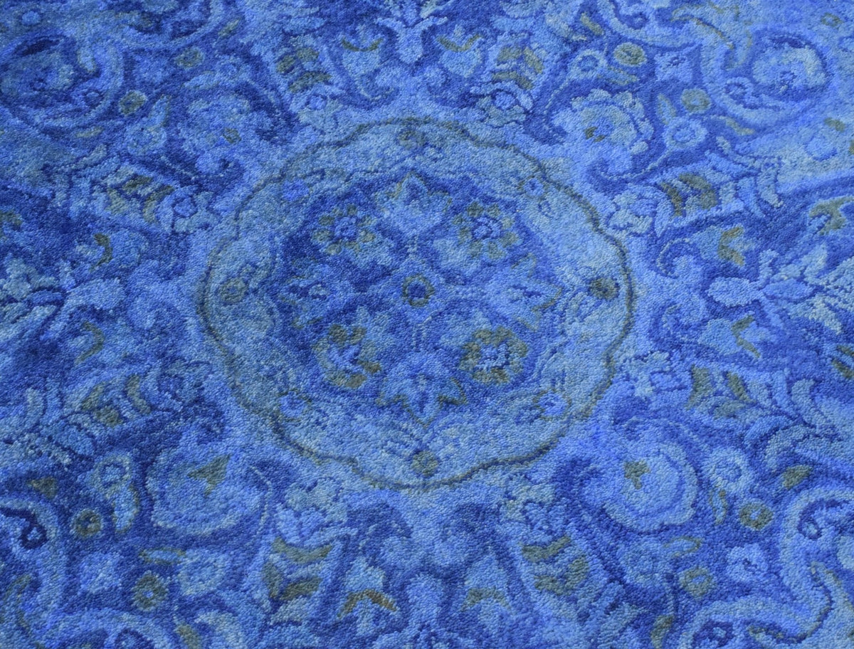 Hand Tufted Traditional Design Blue Overdyed Wool Area Rug.