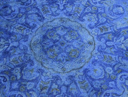 Hand Tufted Traditional Design Blue Overdyed Wool Area Rug.