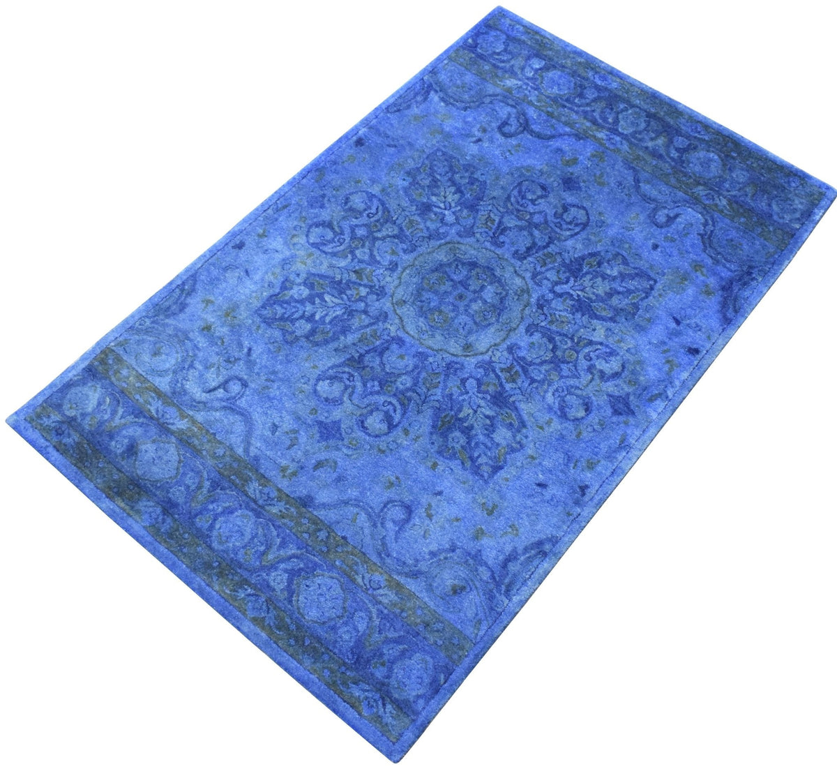 Hand Tufted Traditional Design Blue Overdyed Wool Area Rug.