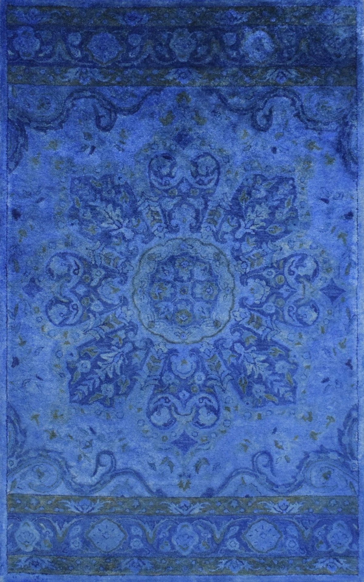 Hand Tufted Traditional Design Blue Overdyed Wool Area Rug.