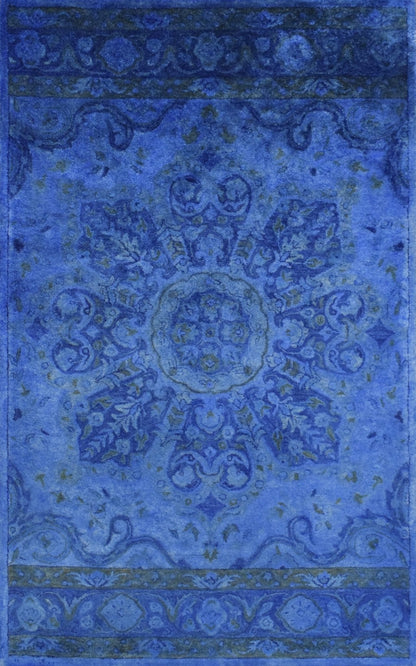 Hand Tufted Traditional Design Blue Overdyed Wool Area Rug.