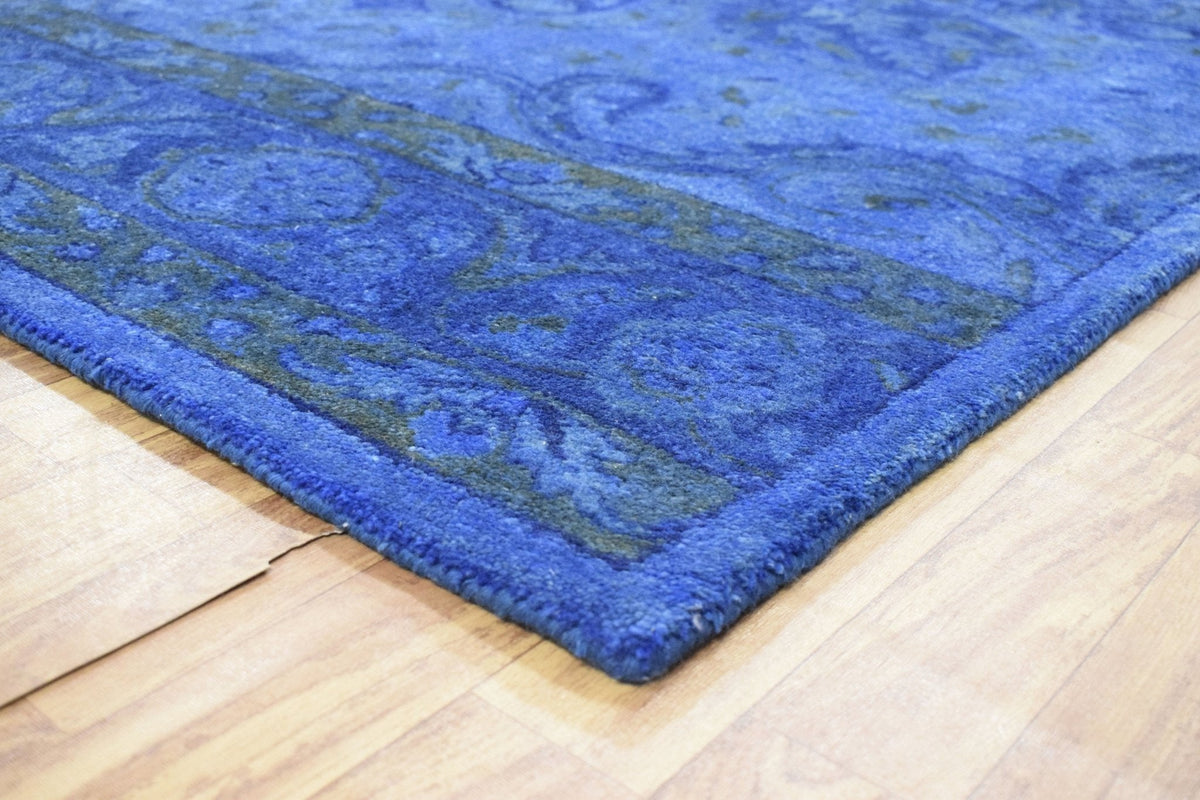 Hand Tufted Traditional Design Blue Overdyed Wool Area Rug.