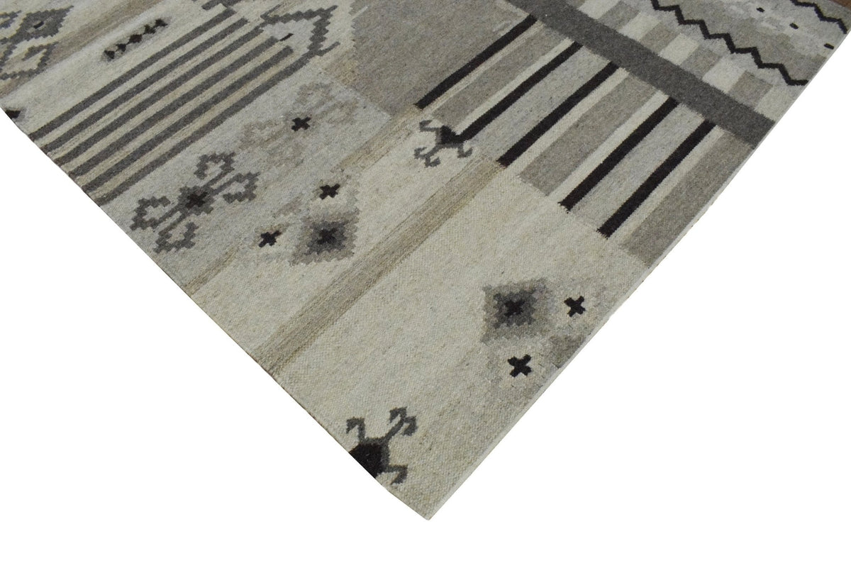 Dhurrie Beige Modern Tribal Pattern Wool Area Rug.