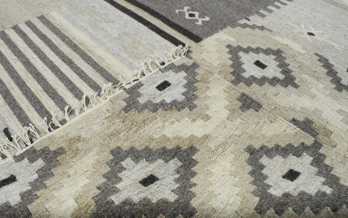 Dhurrie Beige Modern Tribal Pattern Wool Area Rug.