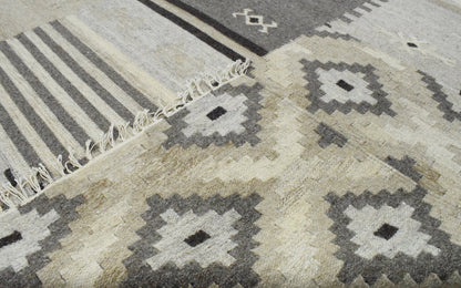 Dhurrie Beige Modern Tribal Pattern Wool Area Rug.