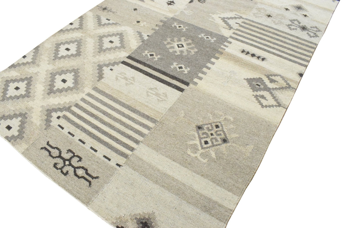 Dhurrie Beige Modern Tribal Pattern Wool Area Rug.