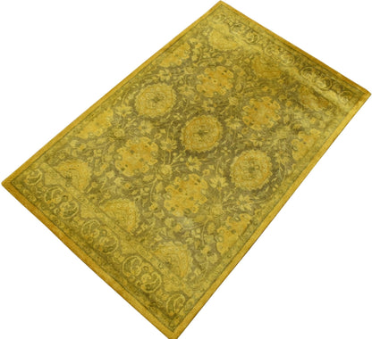 Traditional Floral Design Gold Hand Tufted Overdyed Wool Area Rug.
