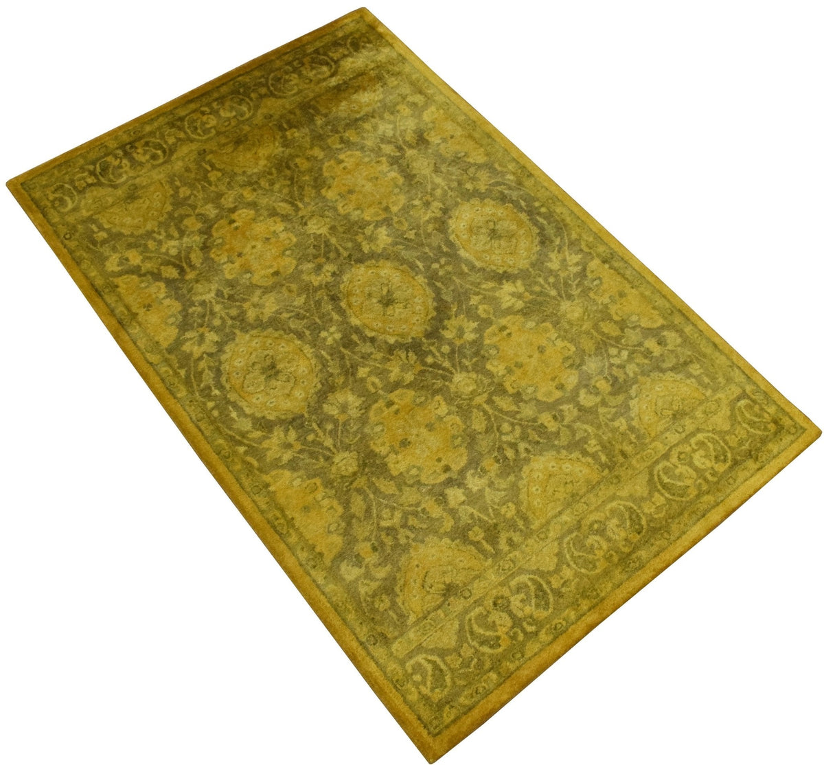 Traditional Floral Design Gold Hand Tufted Overdyed Wool Area Rug.
