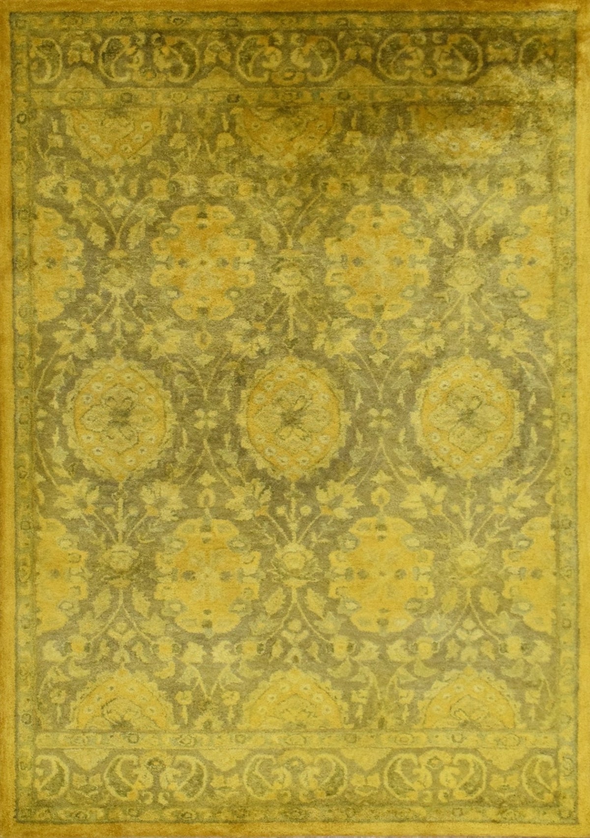 Traditional Floral Design Gold Hand Tufted Overdyed Wool Area Rug.