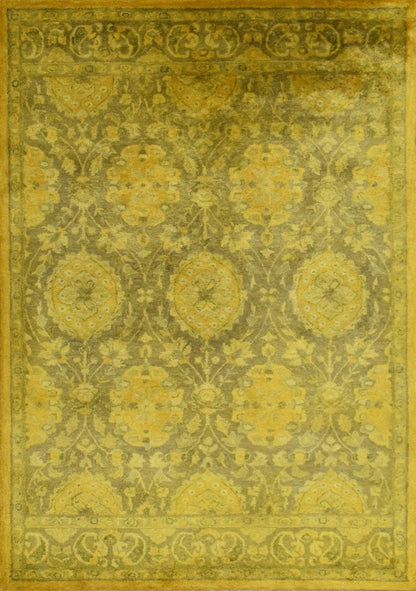 Traditional Floral Design Gold Hand Tufted Overdyed Wool Area Rug.