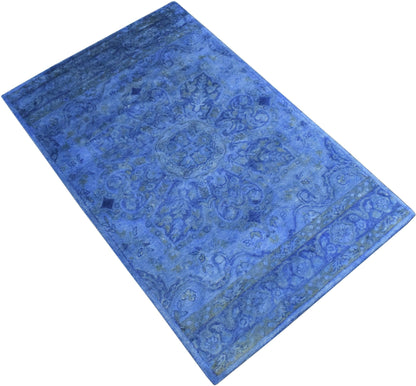 Overdyed Traditional Blue Hand Tufted Wool 5x8 Area Rug.