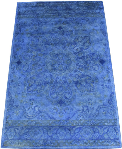 Overdyed Traditional Blue Hand Tufted Wool 5x8 Area Rug.