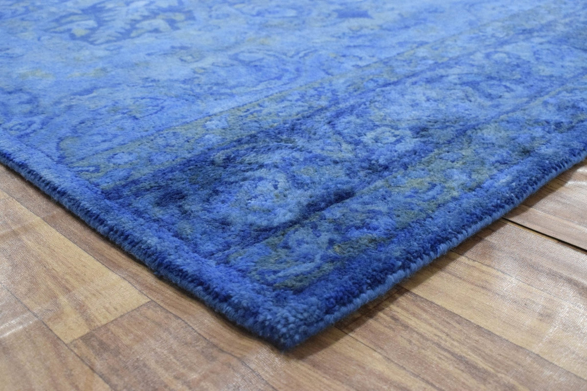 Overdyed Traditional Blue Hand Tufted Wool 5x8 Area Rug.