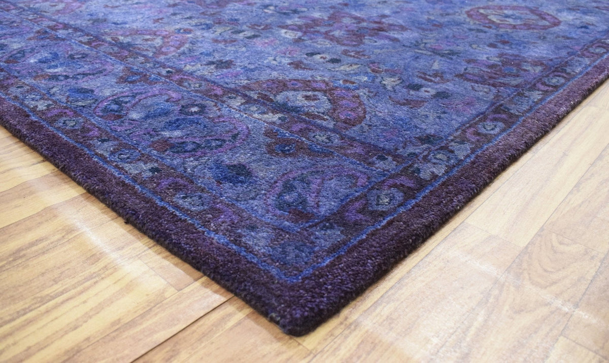 Custom Made Hand Tufted Blue Traditional Style Overdyed Wool Area Rug.