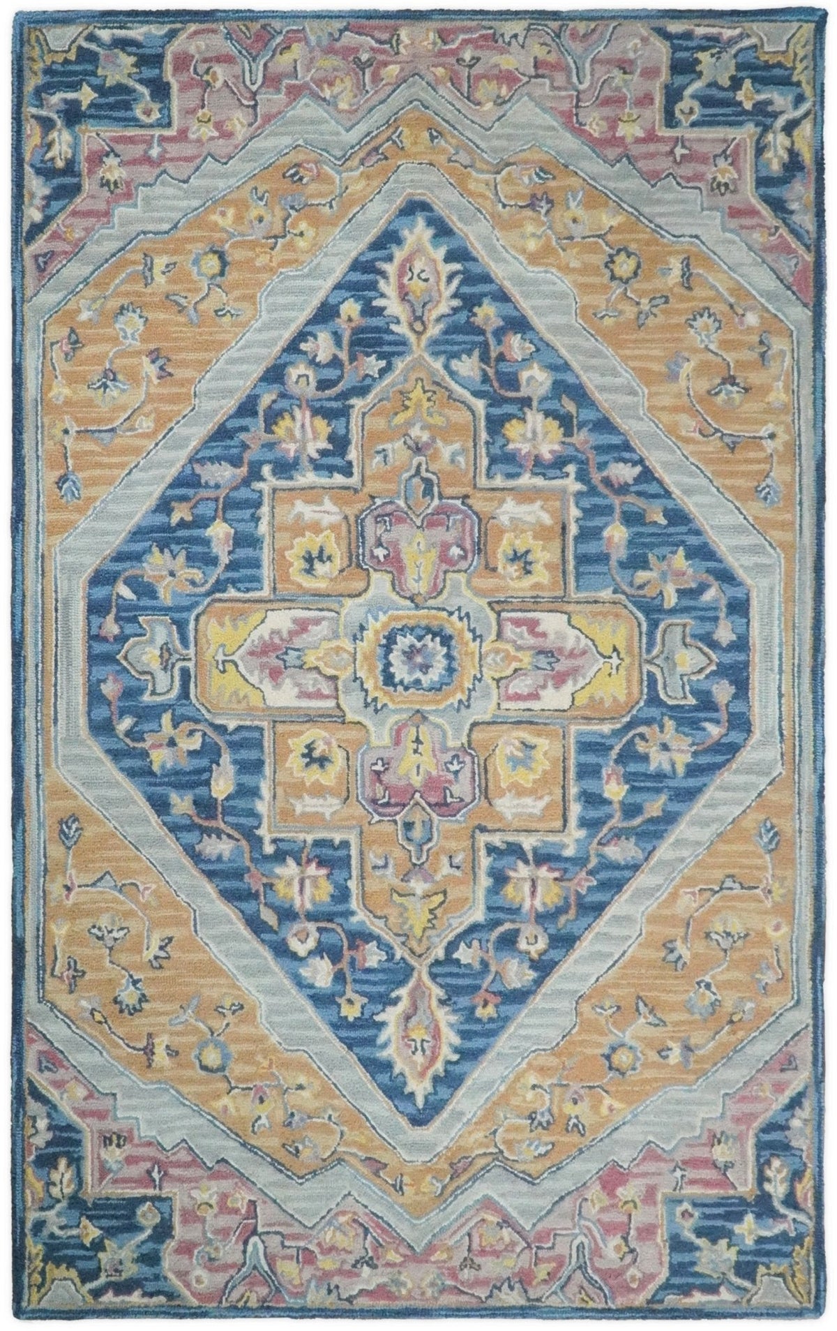 Traditional Blue and Camel Textured Loop Wool Hand Tufted Area Rug.