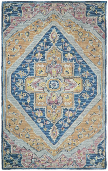 Traditional Blue and Camel Textured Loop Wool Hand Tufted Area Rug.