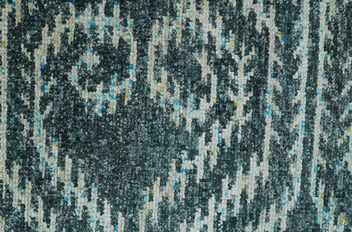 5x8 Hand Knotted Teal and Ivory Modern Contemporary Recycled Silk Area Rug.
