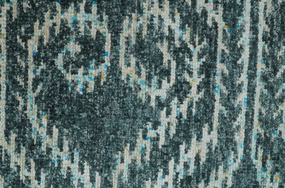 5x8 Hand Knotted Teal and Ivory Modern Contemporary Recycled Silk Area Rug.