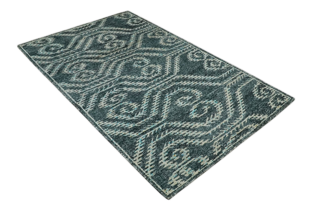 5x8 Hand Knotted Teal and Ivory Modern Contemporary Recycled Silk Area Rug.