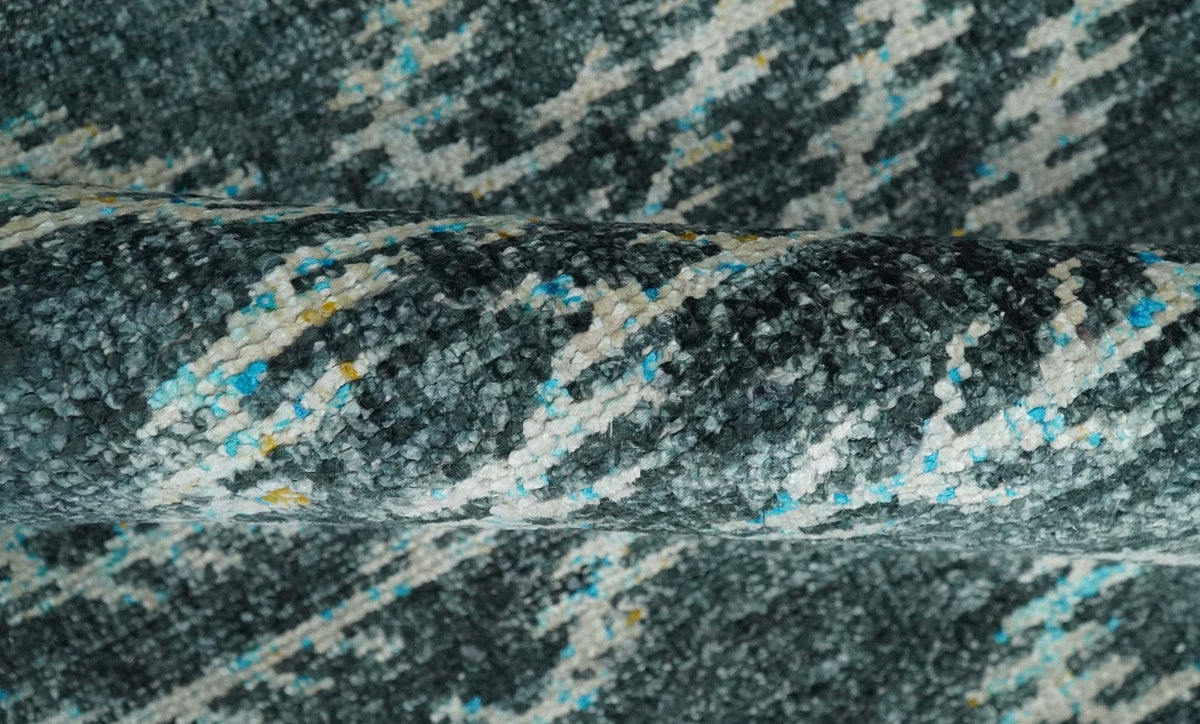 5x8 Hand Knotted Teal and Ivory Modern Contemporary Recycled Silk Area Rug.