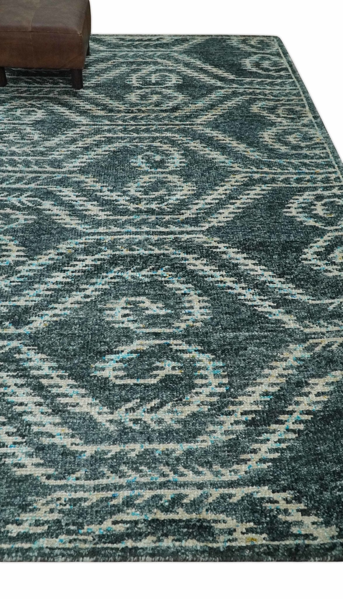 5x8 Hand Knotted Teal and Ivory Modern Contemporary Recycled Silk Area Rug.