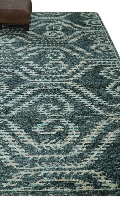 5x8 Hand Knotted Teal and Ivory Modern Contemporary Recycled Silk Area Rug.