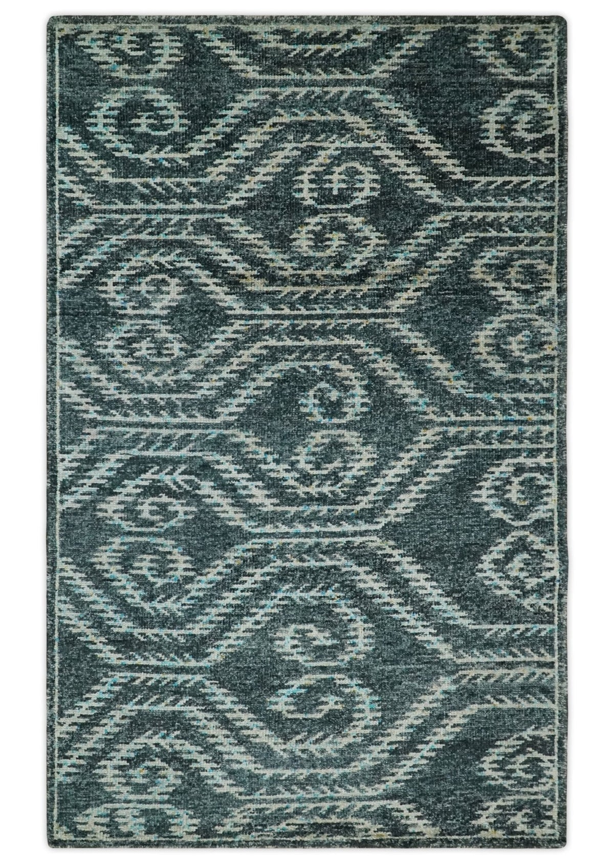 5x8 Hand Knotted Teal and Ivory Modern Contemporary Recycled Silk Area Rug.