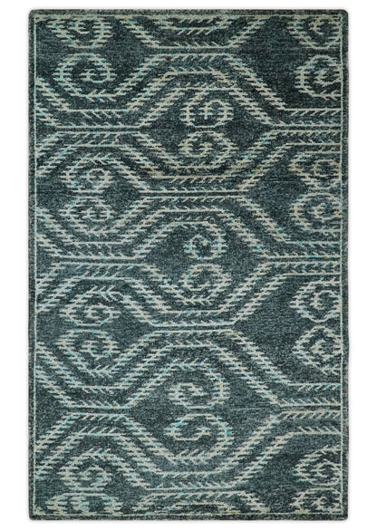 5x8 Hand Knotted Teal and Ivory Modern Contemporary Recycled Silk Area Rug.