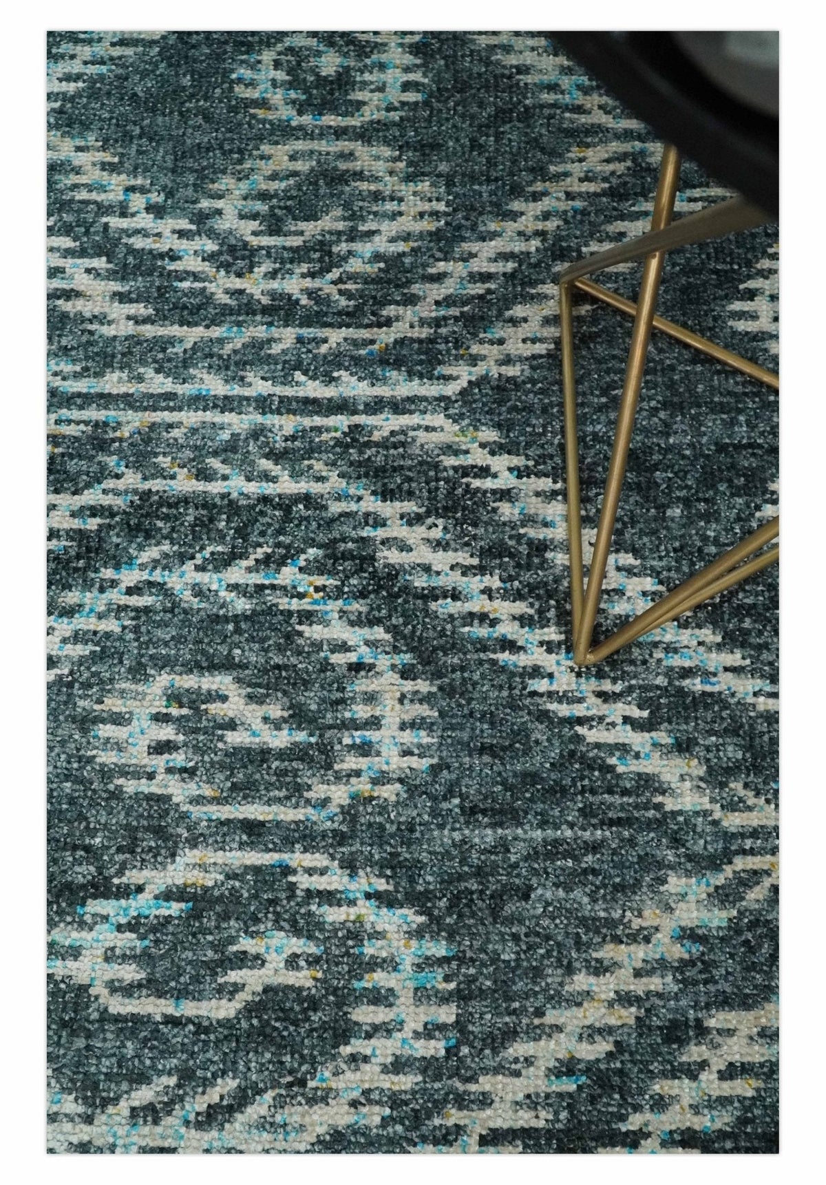 5x8 Hand Knotted Teal and Ivory Modern Contemporary Recycled Silk Area Rug.