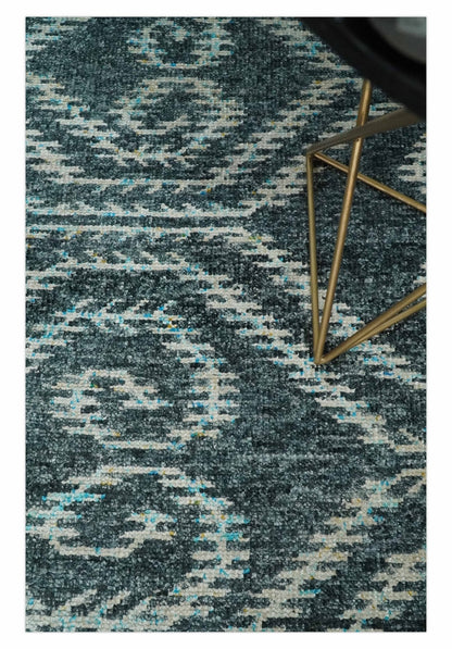 5x8 Hand Knotted Teal and Ivory Modern Contemporary Recycled Silk Area Rug.