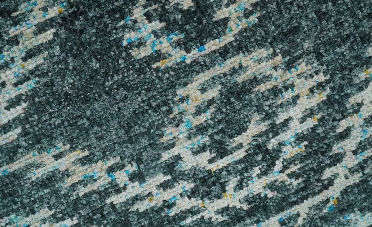 5x8 Hand Knotted Teal and Ivory Modern Contemporary Recycled Silk Area Rug.