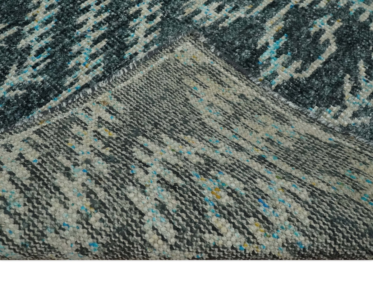 5x8 Hand Knotted Teal and Ivory Modern Contemporary Recycled Silk Area Rug.