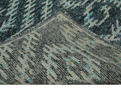 5x8 Hand Knotted Teal and Ivory Modern Contemporary Recycled Silk Area Rug.