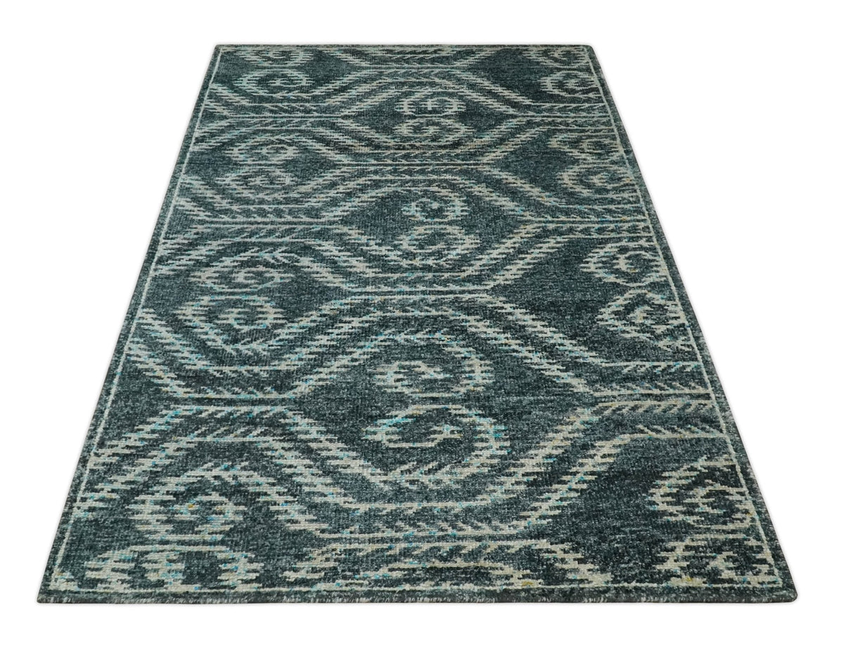 5x8 Hand Knotted Teal and Ivory Modern Contemporary Recycled Silk Area Rug.