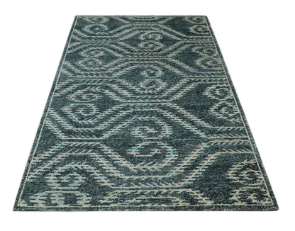 5x8 Hand Knotted Teal and Ivory Modern Contemporary Recycled Silk Area Rug.
