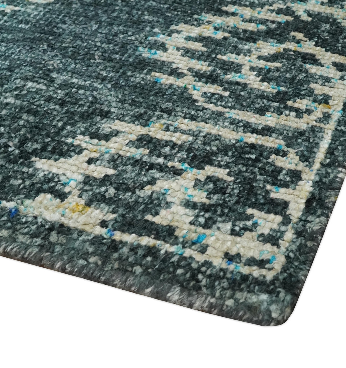 5x8 Hand Knotted Teal and Ivory Modern Contemporary Recycled Silk Area Rug.