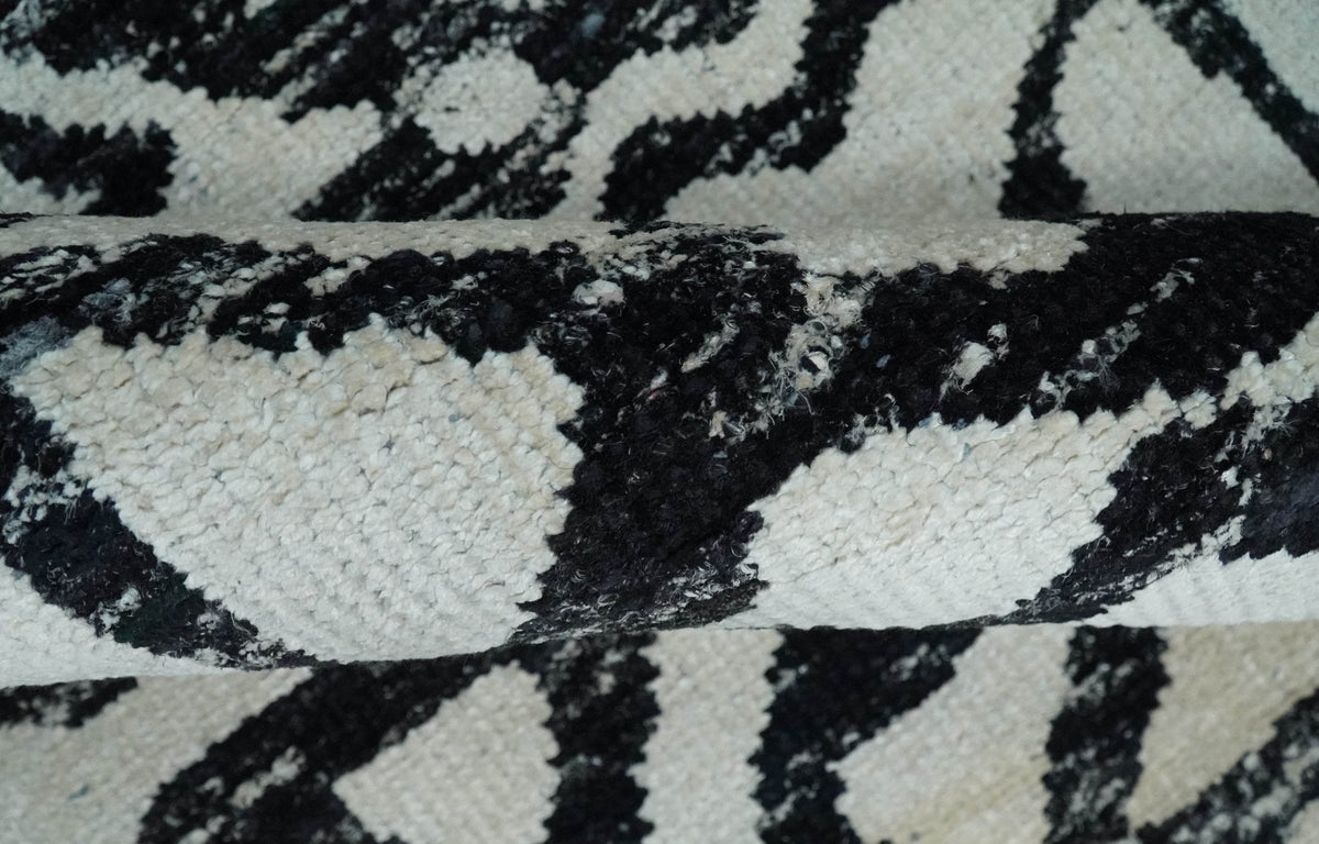 Hand Knotted Ivory and Black Modern Contemporary Recycled Silk Area Rug.