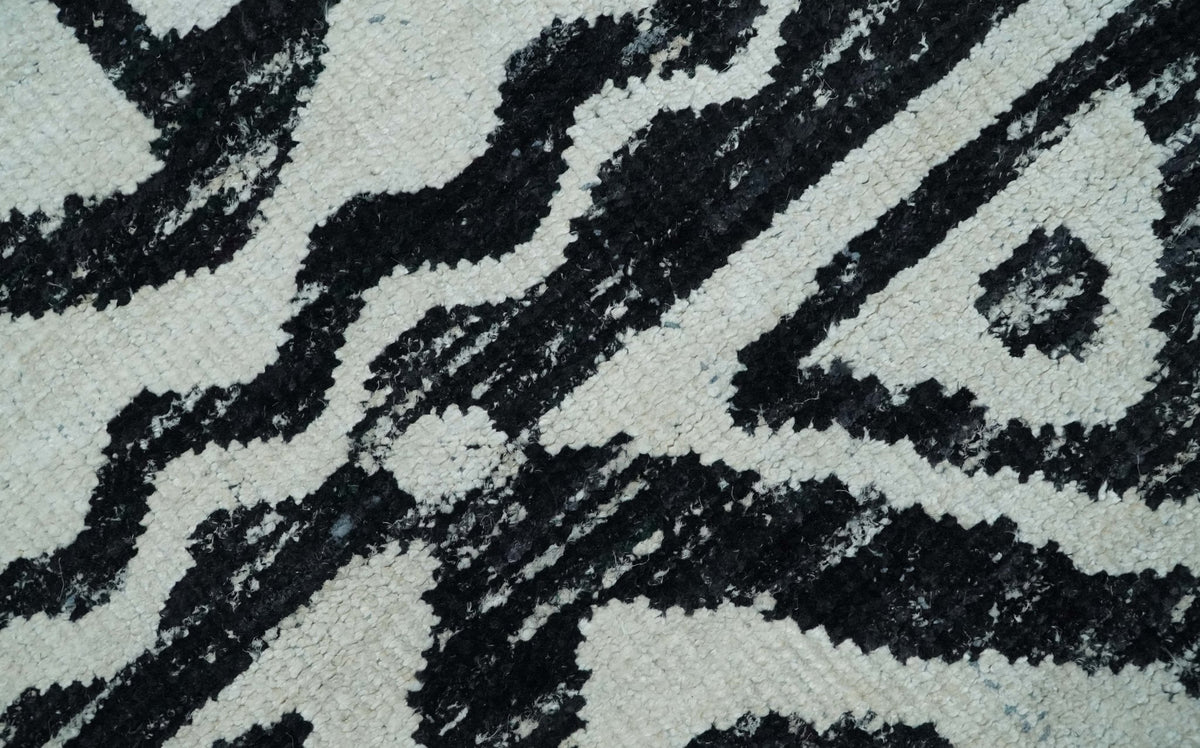 Hand Knotted Ivory and Black Modern Contemporary Recycled Silk Area Rug.