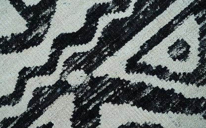 Hand Knotted Ivory and Black Modern Contemporary Recycled Silk Area Rug.