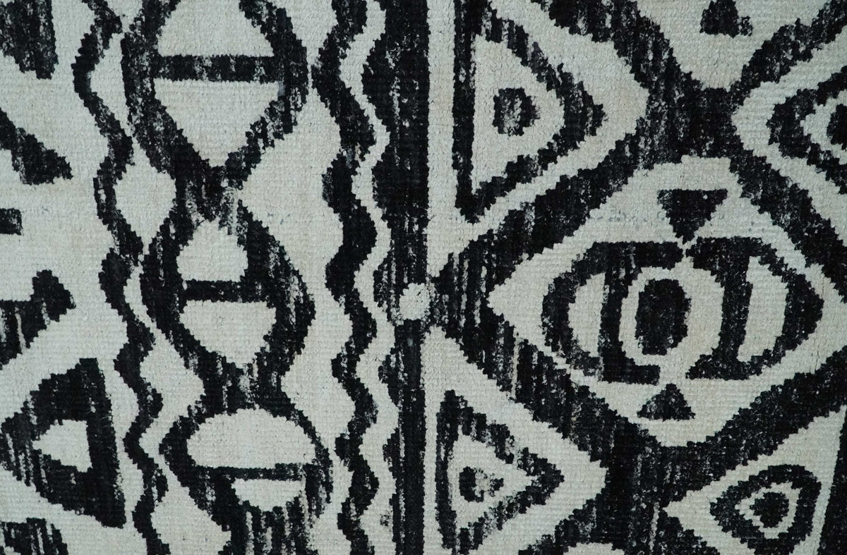 Hand Knotted Ivory and Black Modern Contemporary Recycled Silk Area Rug.