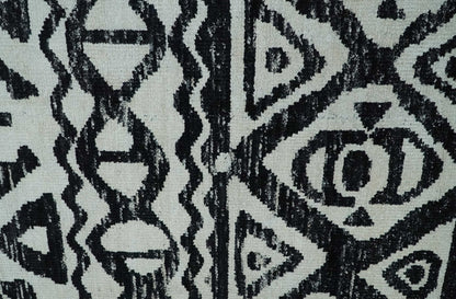 Hand Knotted Ivory and Black Modern Contemporary Recycled Silk Area Rug.