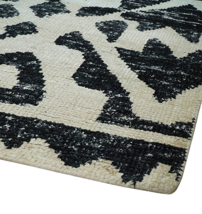Hand Knotted Ivory and Black Modern Contemporary Recycled Silk Area Rug.