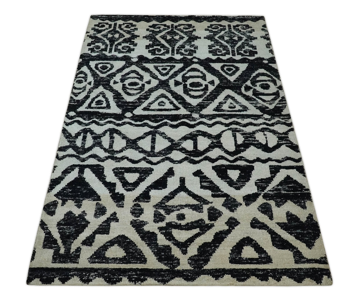 Hand Knotted Ivory and Black Modern Contemporary Recycled Silk Area Rug.