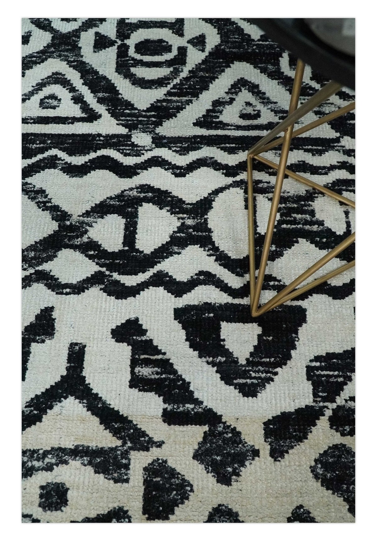 Hand Knotted Ivory and Black Modern Contemporary Recycled Silk Area Rug.