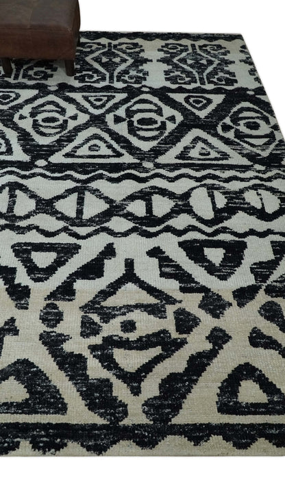 Hand Knotted Ivory and Black Modern Contemporary Recycled Silk Area Rug.