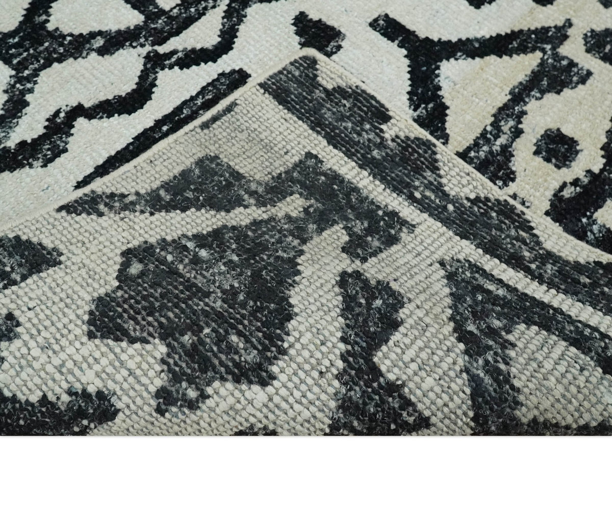 Hand Knotted Ivory and Black Modern Contemporary Recycled Silk Area Rug.