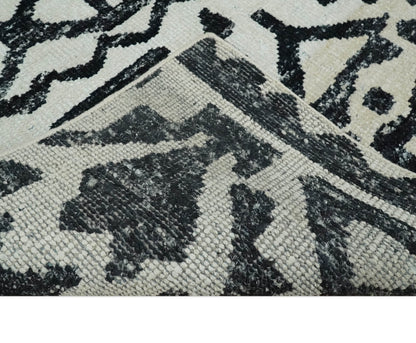 Hand Knotted Ivory and Black Modern Contemporary Recycled Silk Area Rug.